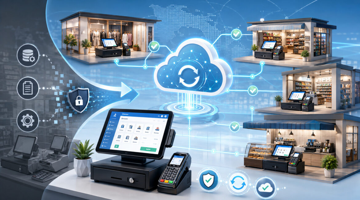 Multi-location cloud POS cutover and transaction migration.
