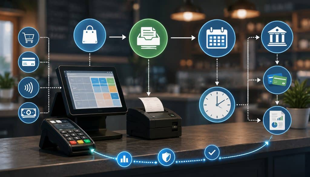 POS batch processing with transaction settlement and date tracking icons
