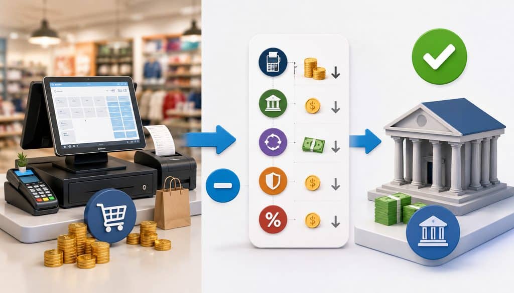 Gross sales, processing fees, and final bank deposit illustration